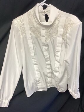 Women's White Lace Yoke Mock Neck Blouse